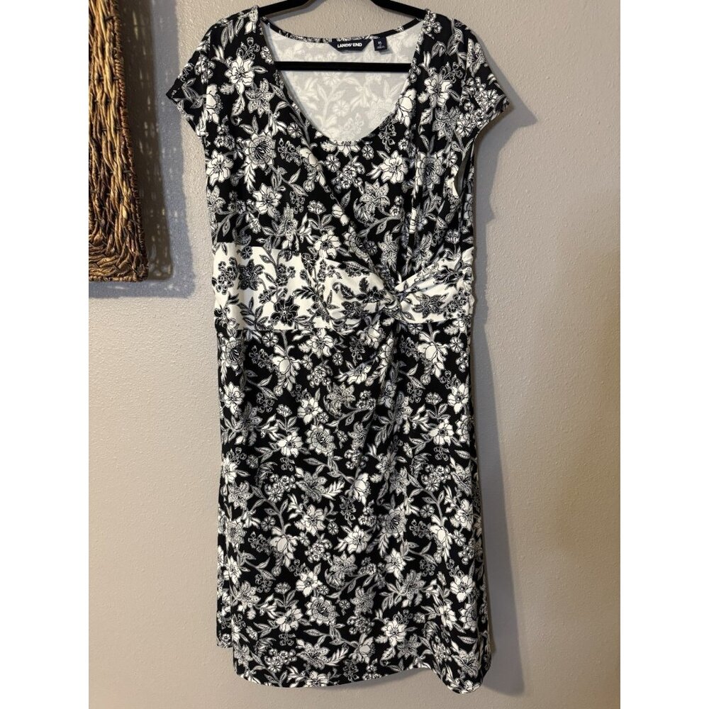 Lands End Dress XL Black Ivory Cap Sleeve Stretch Cotton Floral Washable NEW - Picture 10 of 14